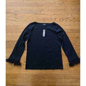 J Crew Black Feather Trim Long Sleeve Shirt Knit Blouse Top Medium NWT